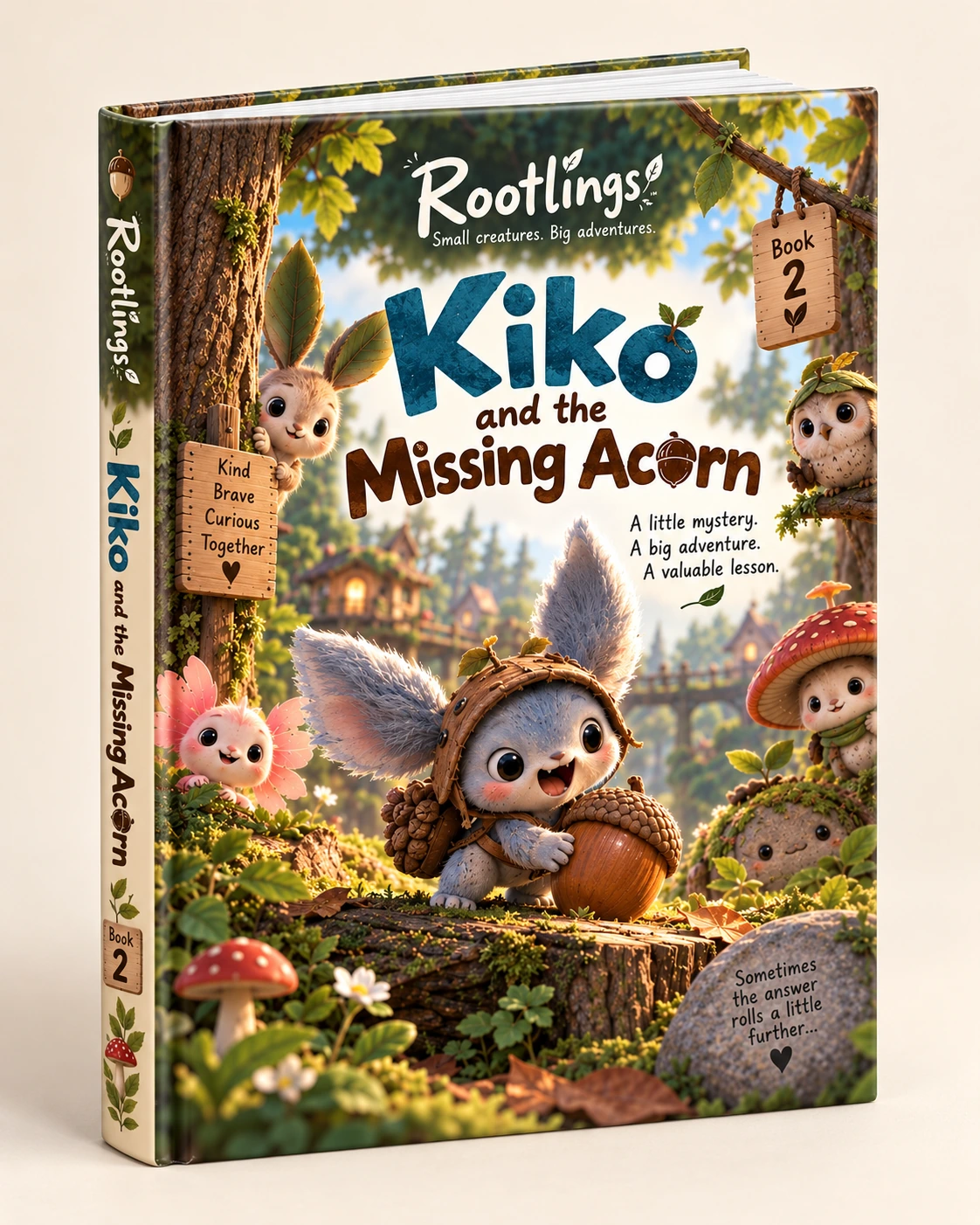 Kiko and the Missing Acorn — Rootlings Book 2, hardcover-style preview of the printable story