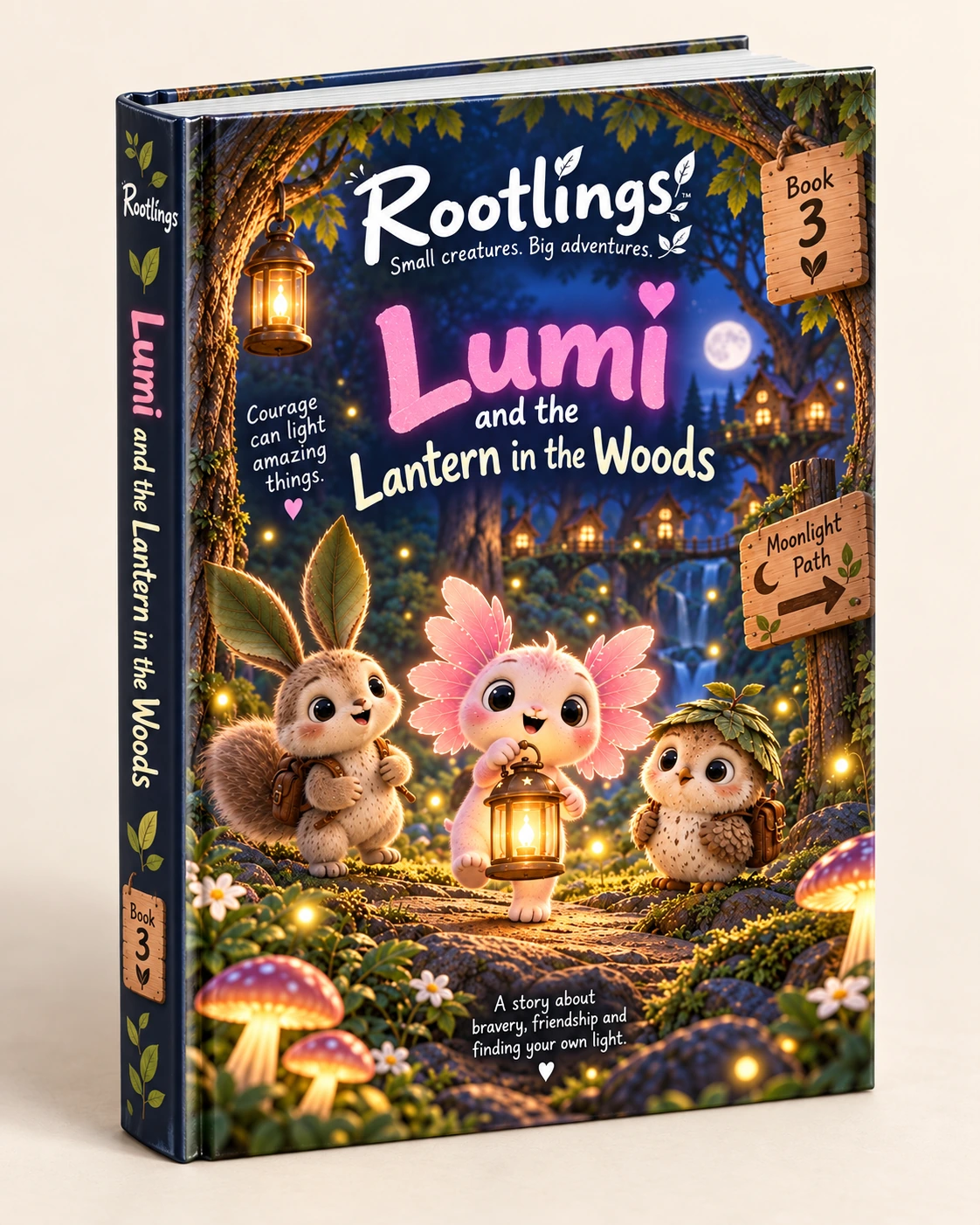 Lumi and the Lantern in the Woods — Rootlings Book 3, hardcover-style preview of the printable story